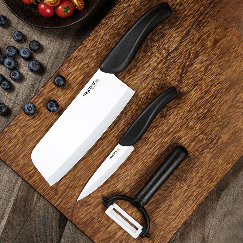 mycera美瓷陶瓷刀柳叶系列厨房套装刀具四件套含刀座礼盒TF01 黑色 黑色