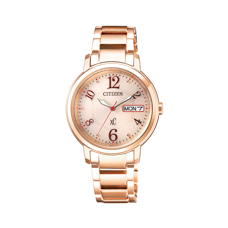 Citizen西铁城 光动能星期日期显示粉金色表带商务简约时尚女表EW2423-52WB 单位：块 金色