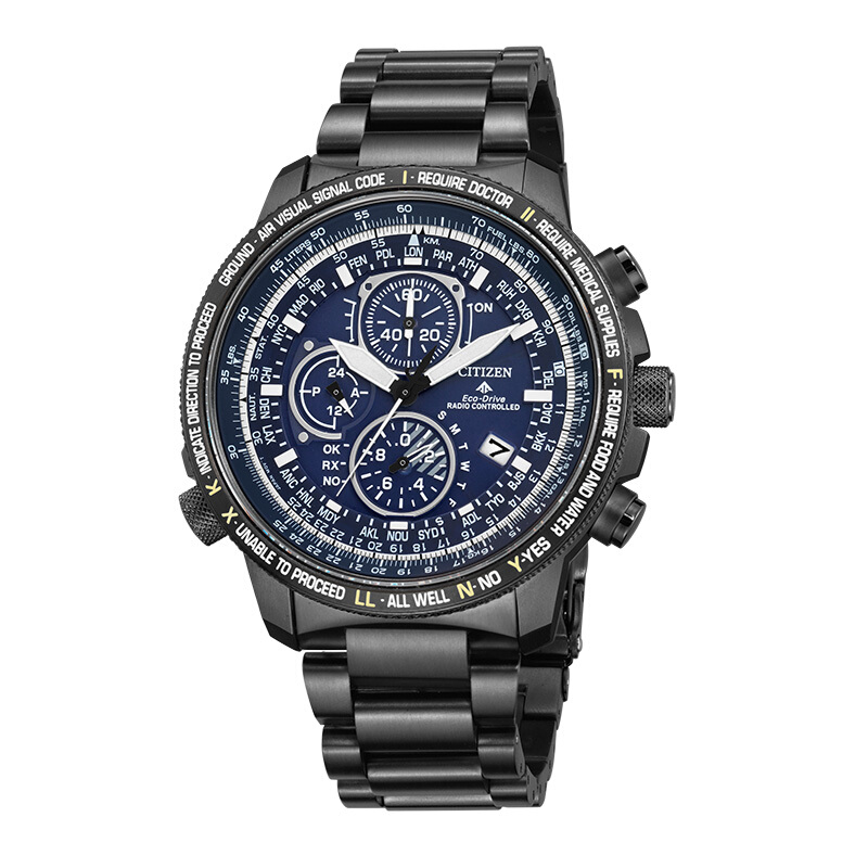 Citizen西铁城 光动能多局电波手表表商务运动防水蓝盘钢带男表AT8195-85L	蓝色 蓝色