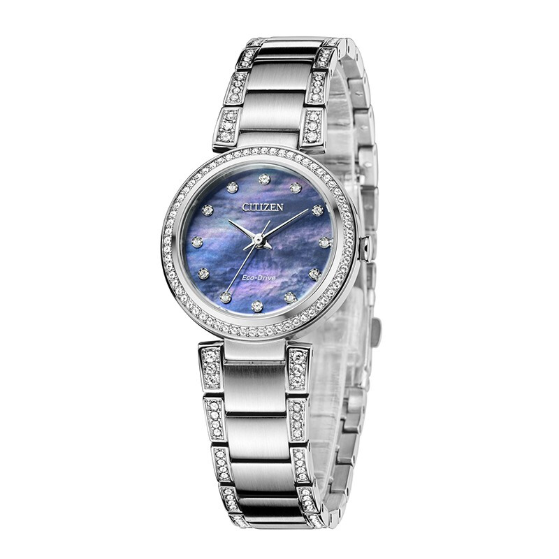 Citizen西铁城 光动能手表水晶镶嵌防水时尚贝母表盘钢带女表 EM0840-59N（单位：块） 银色