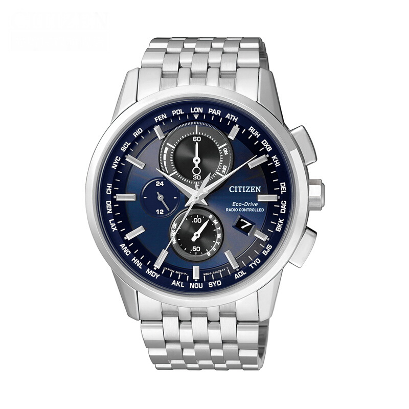 Citizen西铁城 光动能多局电波表自动对时商务蓝盘钢带男表AT8110-61L（单位：块） 蓝色
