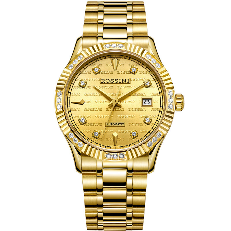 Rossini罗西尼 日历镶钻防水自动机械 间金金盘钢带男表 6705G06B（单位：块） 金色