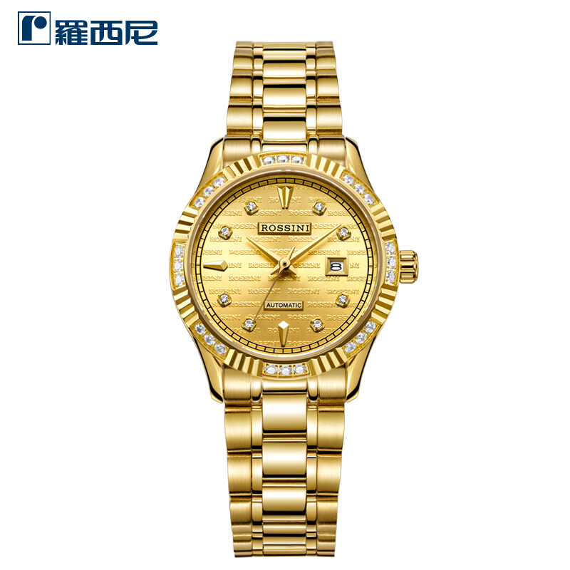 Rossini罗西尼 女士情侣腕表镶钻间金钢带日历防水自动机械表 女表金盘6706G06B（块） 金色