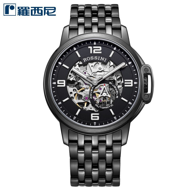 Rossini罗西尼【专柜同款】自动机械表手表时尚镂空休闲防水黑盘钢带男表5793B04D（只） 黑色