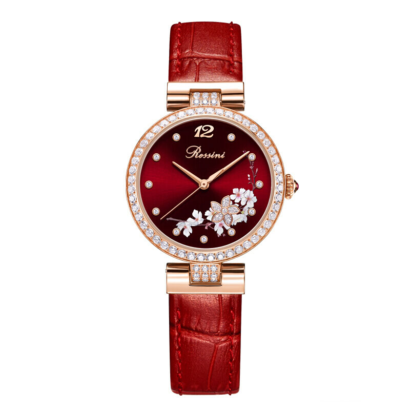 Rossini罗西尼 典美系列 经典自动机械手表桃花玫瑰金红色皮带女表5978G09D（单位：只） 红色