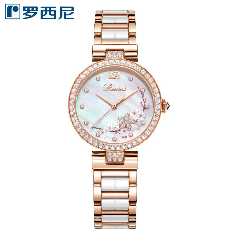 Rossini罗西尼典美系列自动机械手表桃花贝母盘间玫瑰金陶瓷带5978G01B 赠桃花胸针礼盒 只 玫瑰金