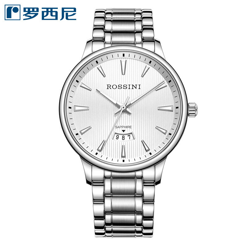 Rossini罗西尼 启迪系列 石英手表简约经典商务夜光指针白盘钢带男表 5887W01A（只） 白色