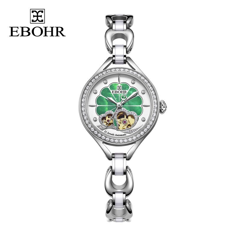 依波(EBOHR) 卡纳系列 机械手表时尚优雅白色陶瓷防水手链绿色表盘女表18073726  图片色   图片色