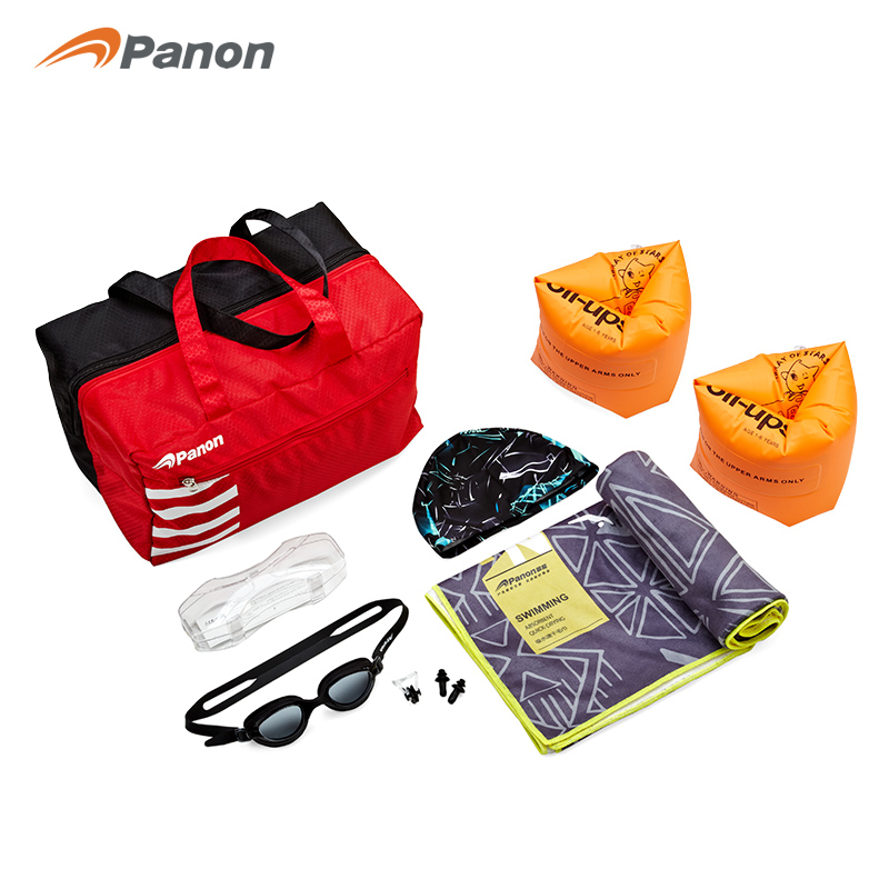 攀能游泳套装 游泳包（收纳包/披巾/泳镜鼻夹耳塞/泳帽/手臂圈)/套 黑红色