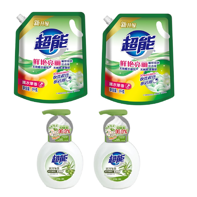 超能植翠洗衣液(鲜艳亮丽)+超能泡沫抑菌洗手液(滋润保湿)(新疆、青海、西藏不发货)  （1kg*2袋+258ml*2瓶）  
