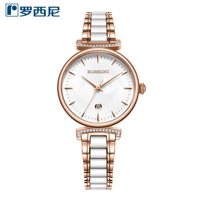 Rossini罗西尼 典美系列 石英手表白盘玫瑰金陶瓷钢带女表50034G01A（单位：块） 白色