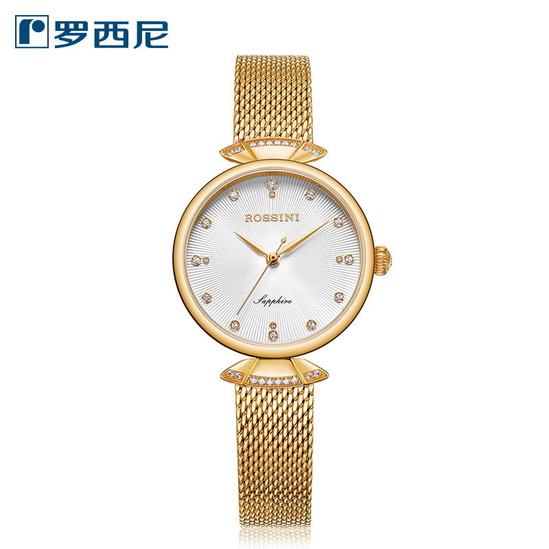 Rossini罗西尼 典美系列石英手表时尚简约潮流小礼裙白盘金色编织带女表6842G01F（只） 白色