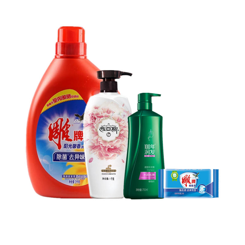 100年润发水润丝滑洗发露750ml+西亚斯浪漫邂逅沐浴露1L+雕牌阳光馨香洗衣液 3kg+雕牌超能皂226g  750ml+1l+3kg+226g  