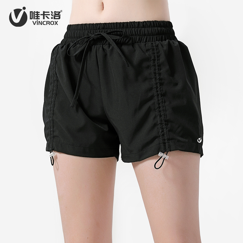唯卡洛vincrox运动短裤  运动健身跑步 防走光瑜伽三分裤女宽松抽绳设计高腰运动短裤21404  黑色M  