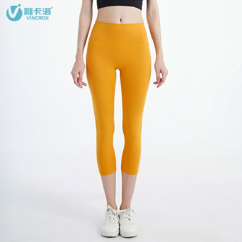 唯卡洛vincrox 瑜伽裤 运动健身休闲 紧身透气吸汗专业瑜伽健身无尬裸感瑜伽七分裤 20605  蜜蜂黄M  