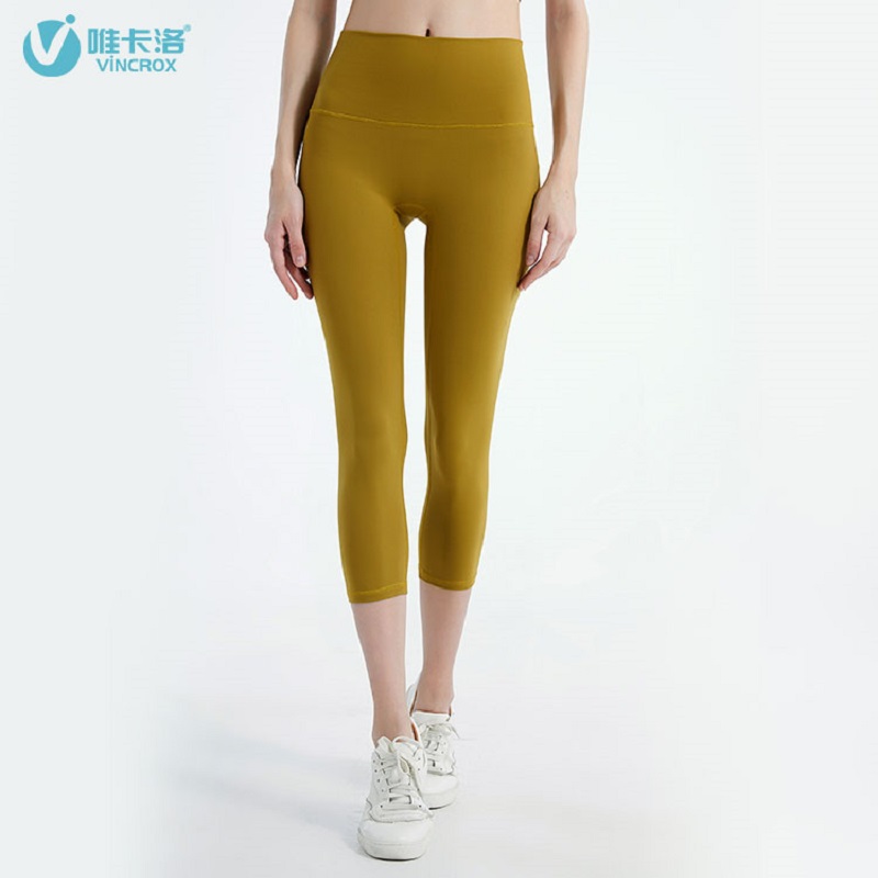 唯卡洛vincrox 瑜伽裤 运动健身休闲 紧身透气吸汗专业瑜伽健身无尬裸感瑜伽七分裤 20605  树叶黄M  