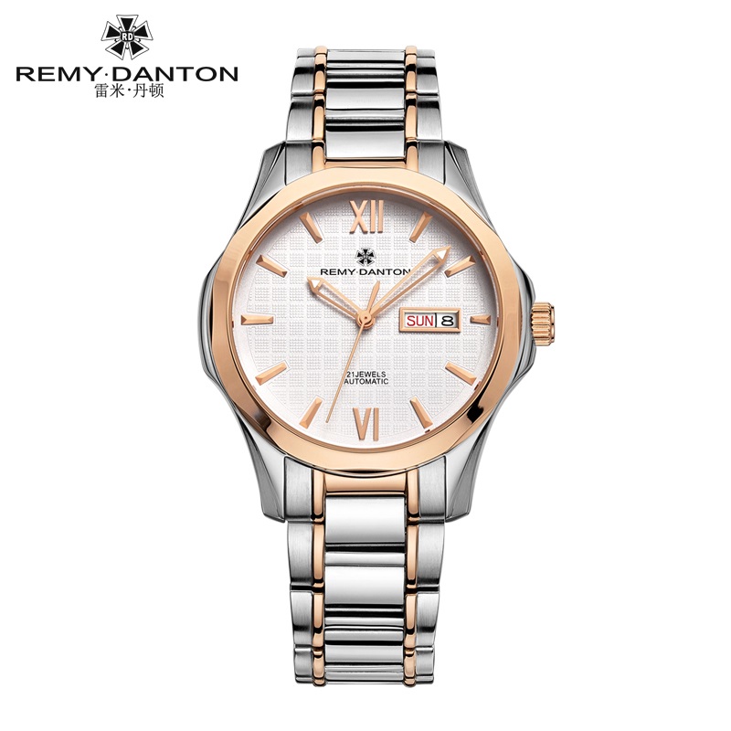 雷米丹顿（REMY DANTON）正品夜光表全自动机械表钢带镀玫瑰金男士手表防水双日历商务潮流男表  316.5玫壳白面间玫钢带  