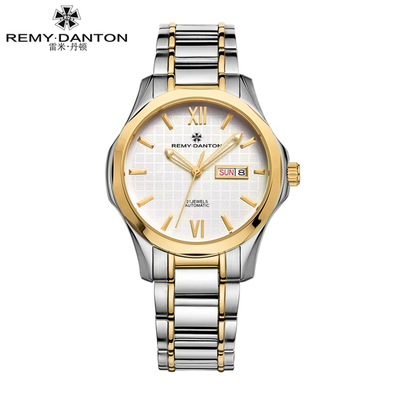 雷米丹顿（REMY DANTON）正品夜光表全自动机械表钢带镀金男士手表防水双日历商务潮流男表  316.03金壳白面间金钢带  