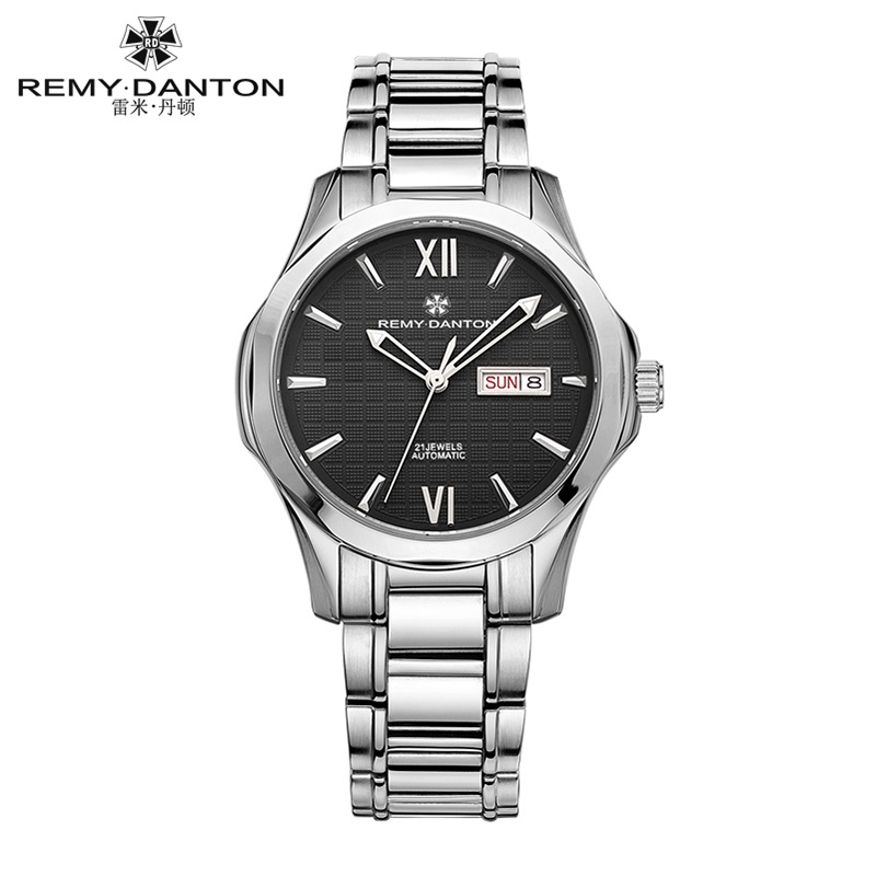 雷米丹顿（REMY DANTON）正品夜光表全自动机械表钢带镀金男士手表防水双日历商务潮流男表  316.02银壳黑面钢带  