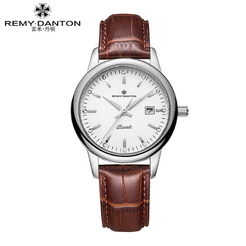 雷米丹顿（REMY DANTON）正品夜光表经典石英表女表真皮防水时尚潮流  312.02.01银壳白面色棕皮带  