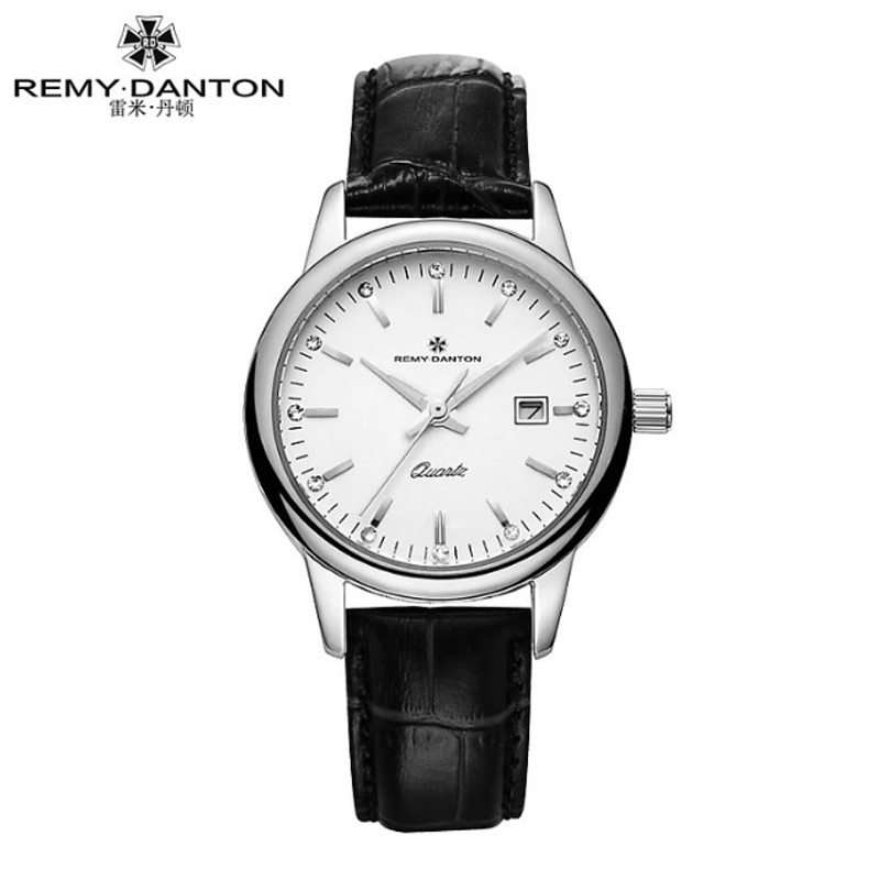 雷米丹顿（REMY DANTON）正品夜光表经典石英表女表真皮防水时尚潮流  312.02.03银壳白面黑色皮带  