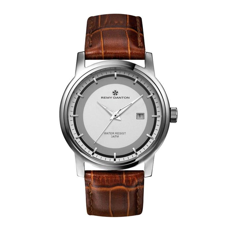 雷米丹顿（REMY DANTON）正品夜光表石英表男表商务休闲时尚钢带防水腕表单日历男士手表  318.01.06银壳白面色棕皮带  