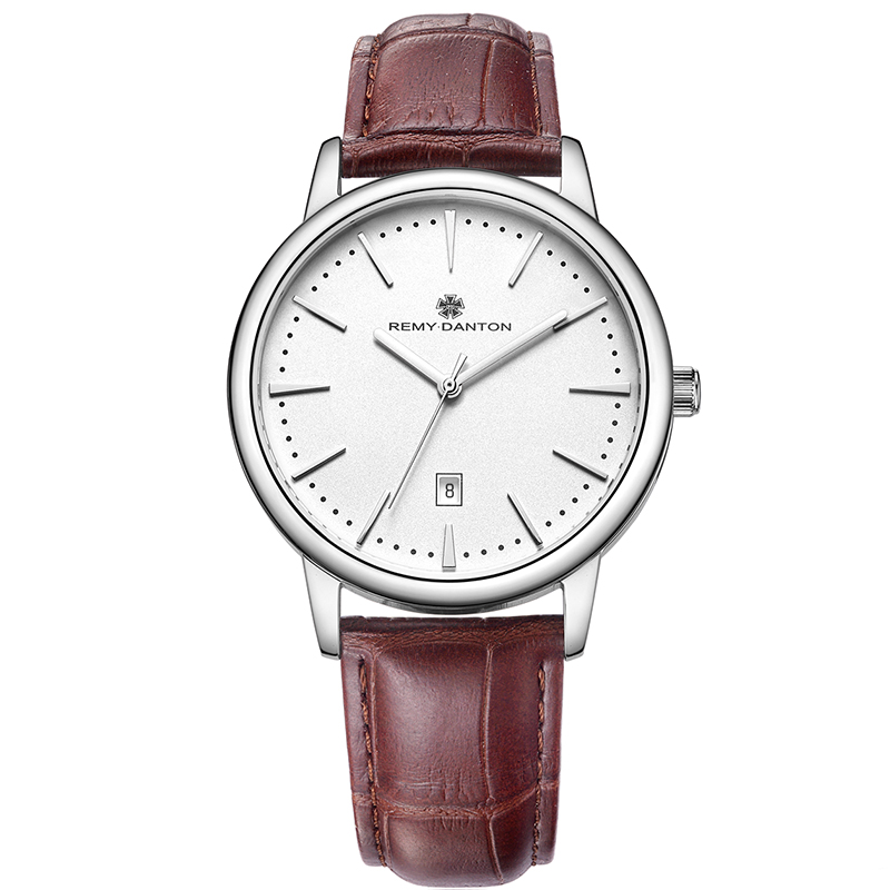 雷米丹顿（REMY DANTON）正品石英表男表真皮防水日历经典时尚潮流  311.01.05银壳白面棕色皮带  