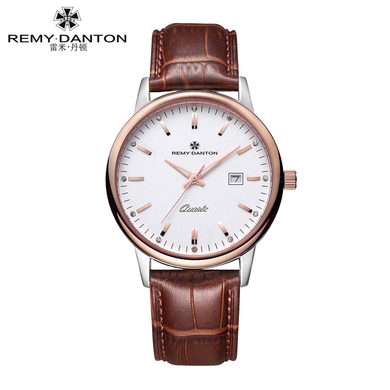 雷米丹顿（REMY DANTON）正品夜光表石英表男表真皮防水日历经典时尚潮流G312.01  玫壳白面棕色皮带男款  