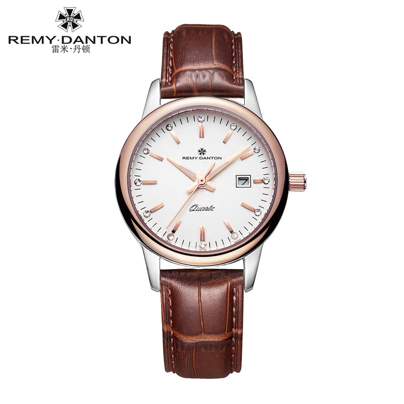 雷米丹顿（REMY DANTON）正品夜光表石英表男表真皮防水日历经典时尚潮流G312.01  玫壳白面棕色皮带女款  