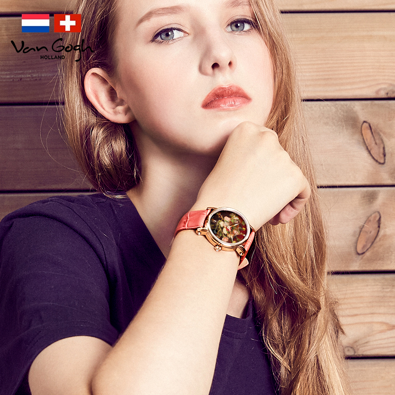 梵高（VanGogh）瑞士女士石英手表 3D打印油画表面牛皮表带个性网红潮牌博物馆正版原装进口女表 紫苑和夹竹桃  玫瑰金  