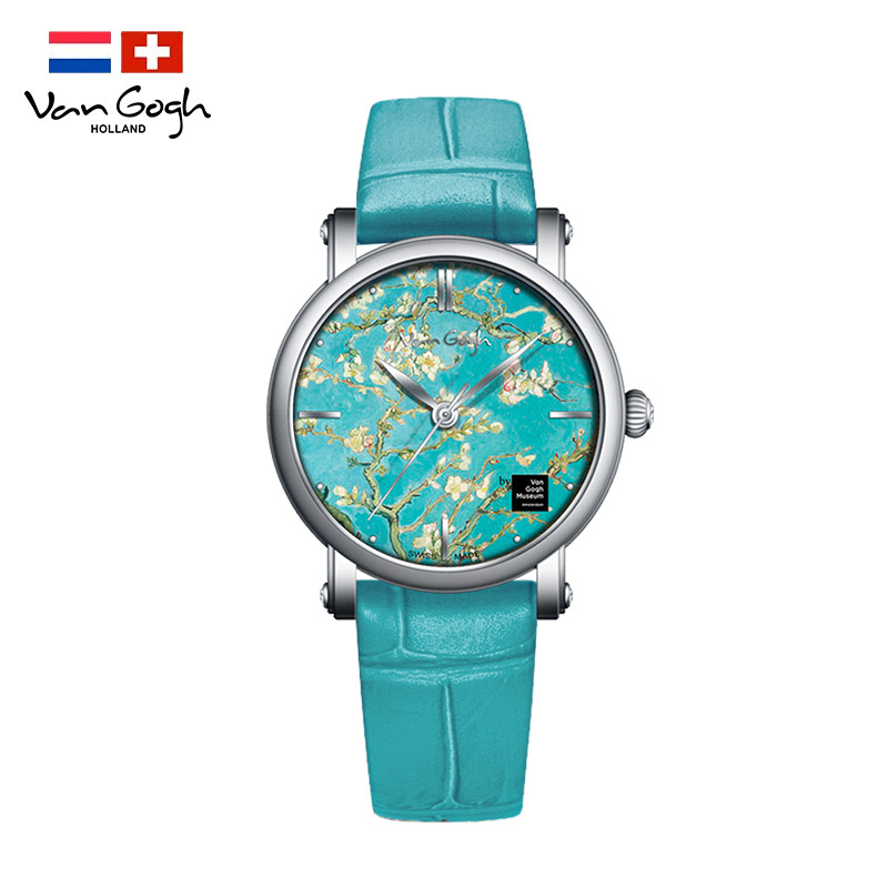 梵高（VanGogh）瑞士女士石英手表 3D打印油画表面牛皮表带个性网红潮牌博物馆正版原装进口女表 盛开的杏树  银色  
