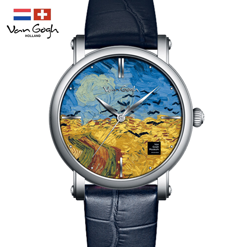 梵高（VanGogh）瑞士女士石英手表 3D打印油画表面牛皮表带个性网红潮牌博物馆正版原装进口女表 麦田群鸦  天空之境  
