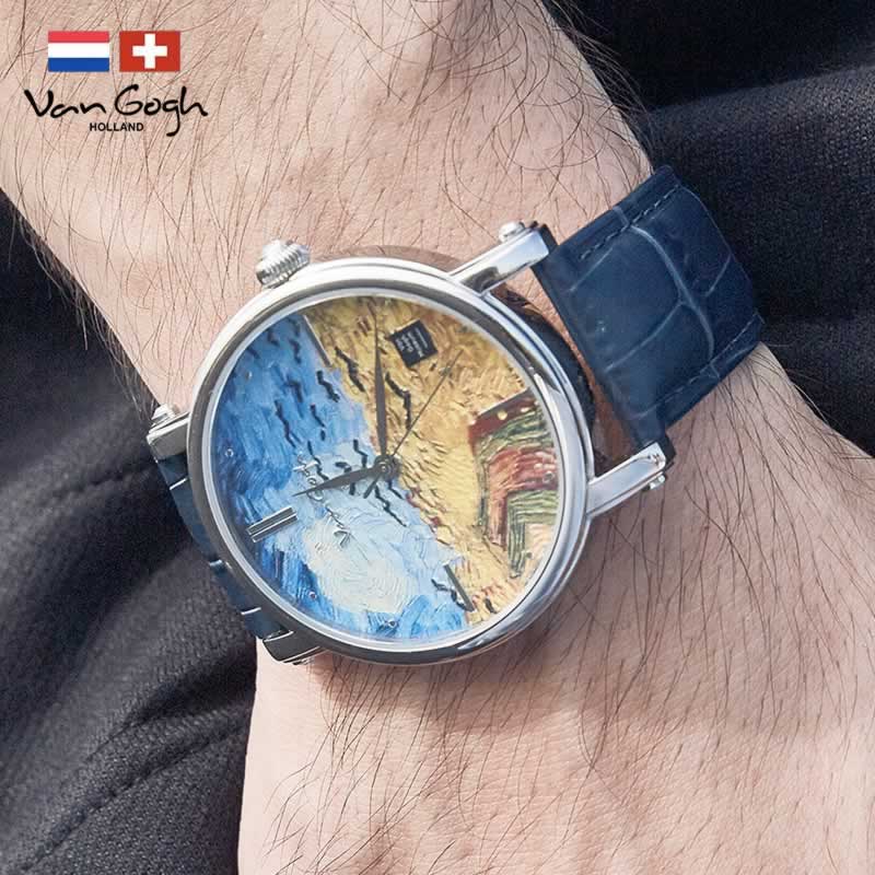 梵高（VanGogh）瑞士手表男 3D油画表面牛皮表带时尚休闲潮牌博物馆正版原装进口 明星同款 明星同款麦田群鸦  天空之境  