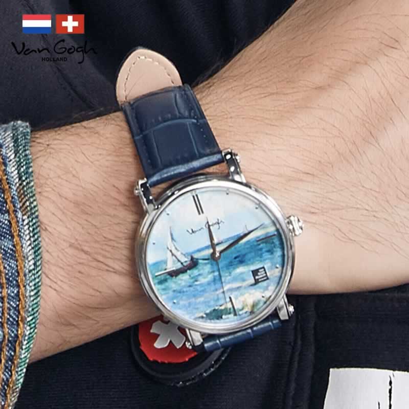 梵高（VanGogh）瑞士手表男 3D油画表面牛皮表带时尚休闲潮牌博物馆正版原装进口 明星同款 海景  蓝色  