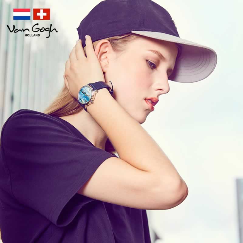 梵高（VanGogh）瑞士手表女 3D油画表面牛皮表带时尚休闲潮牌博物馆正版原装进口 明星同款 海景  天蓝色  