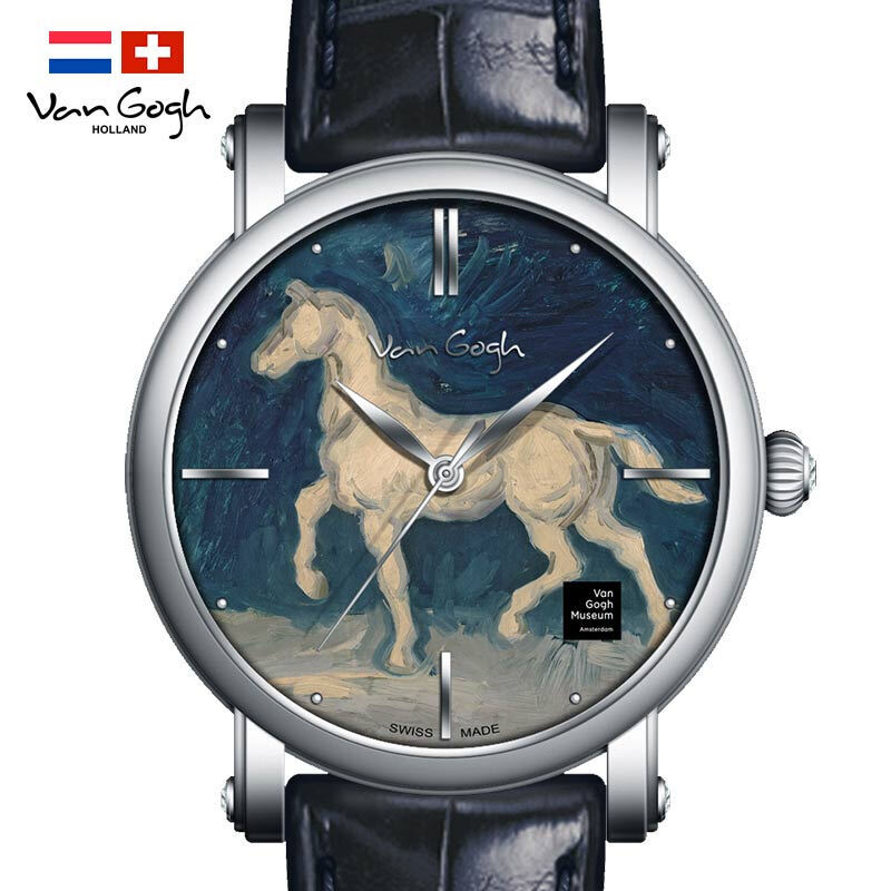 梵高（VanGogh）瑞士手表男 3D油画表面牛皮表带时尚休闲潮牌博物馆正版原装进口 明星同款 马的石膏像  蓝色  