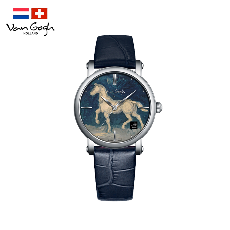 梵高（VanGogh）瑞士手表女 3D油画表面牛皮表带时尚休闲潮牌博物馆正版原装进口 明星同款 马的石膏像  蓝色  