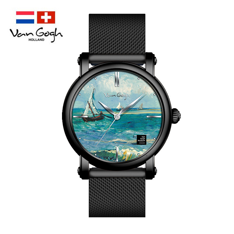 梵高（VanGogh）瑞士手表男 3D油画表面钢带时尚休闲潮牌博物馆正版原装进口 明星同款 海景  黑色  