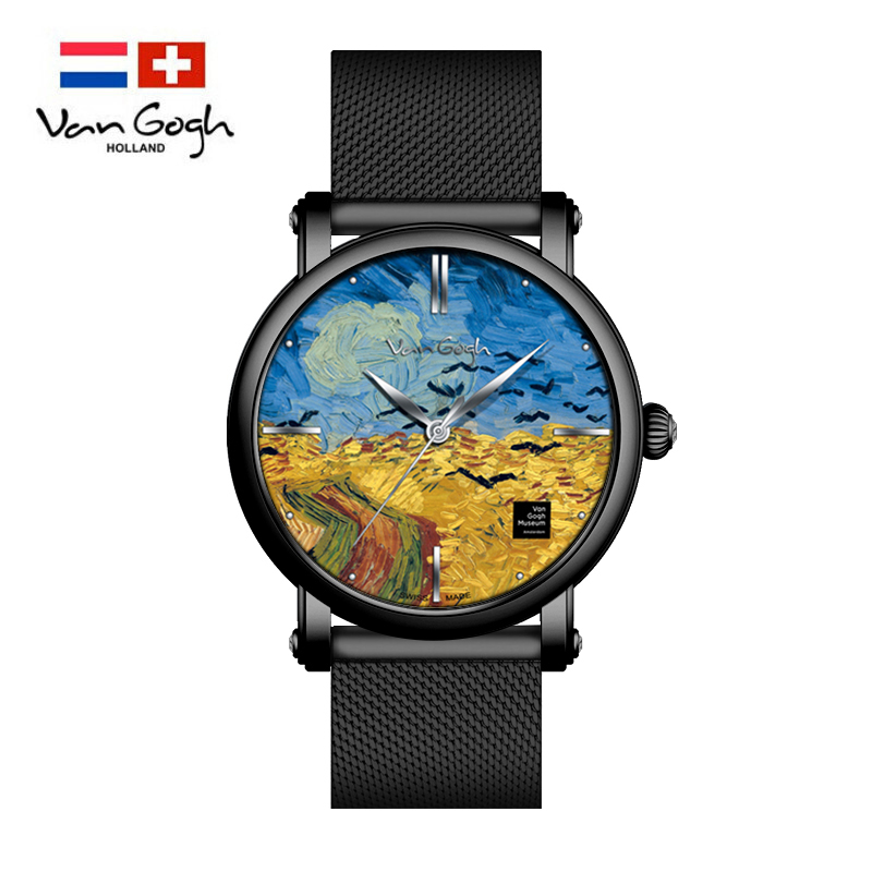 梵高（VanGogh）瑞士手表男 3D油画表面牛皮表带时尚休闲潮牌博物馆正版原装进口 明星同款 麦田群鸦  黑色  
