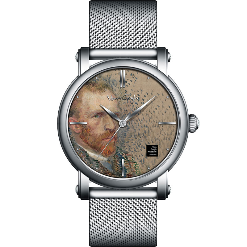 梵高（VanGogh）瑞士手表男 3D油画表面钢带时尚休闲潮牌博物馆正版原装进口 明星同款 自画像  银色  