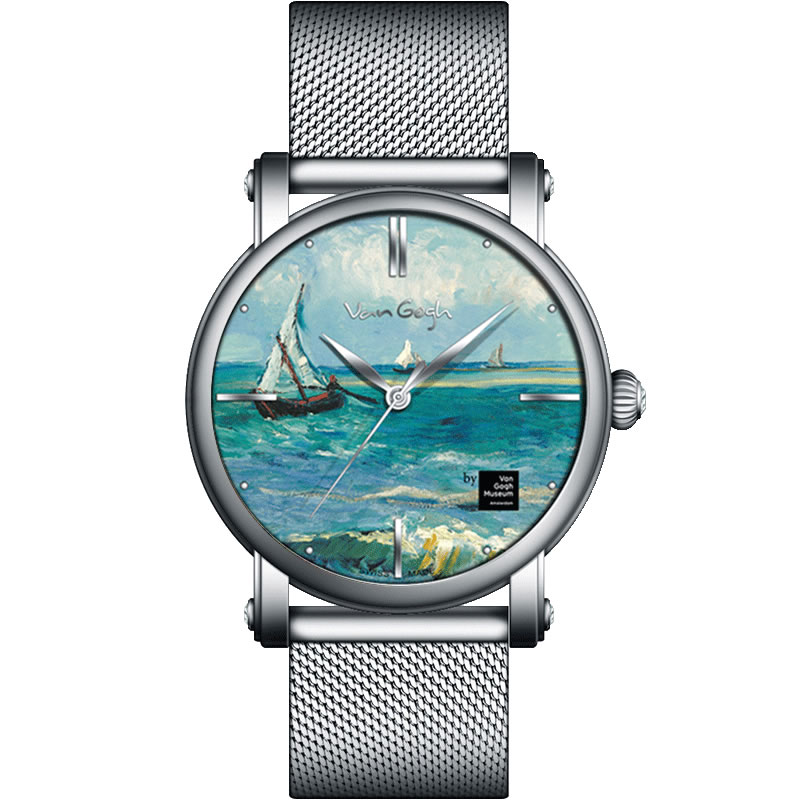 梵高（VanGogh）瑞士手表男 3D油画表面钢带时尚休闲潮牌博物馆正版原装进口 明星同款 海景  银色  