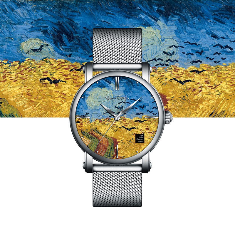 梵高（VanGogh）瑞士手表男 3D油画表面牛皮表带时尚休闲潮牌博物馆正版原装进口 明星同款 麦田群鸦  银色  