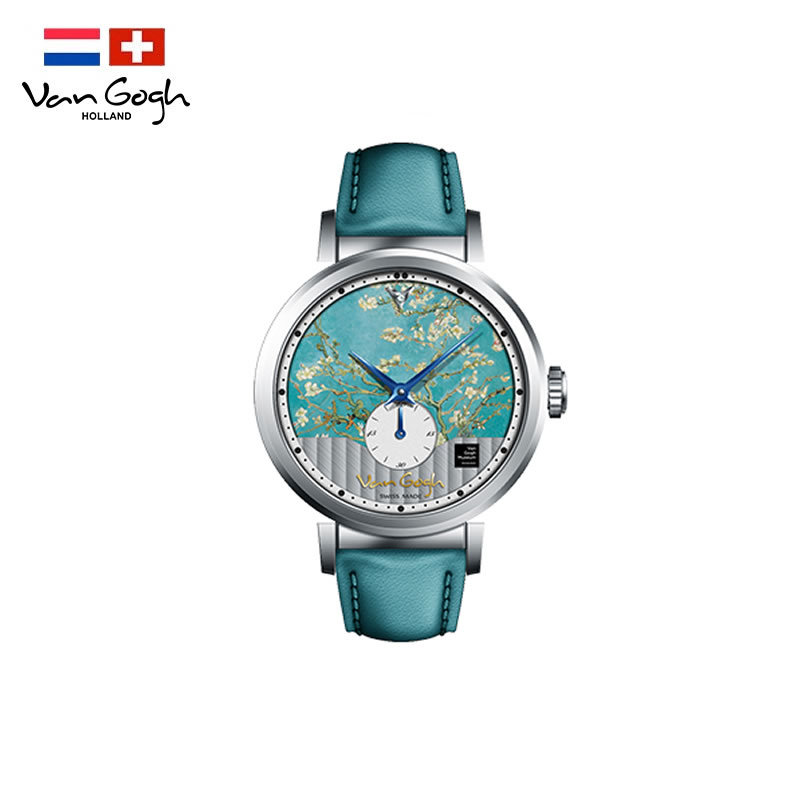 梵高（VanGogh）瑞士手表 【日内瓦系列 女款】小秒针牛皮表带博物馆文艺礼物 盛开的杏树 个 绿色