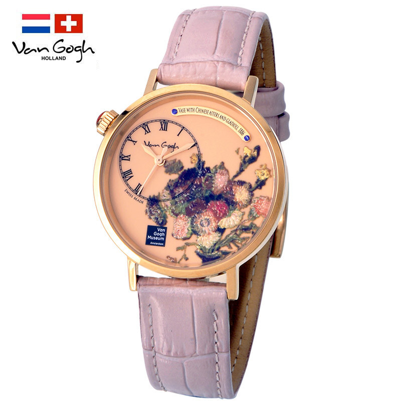 梵高VanGogh画梦系列创意油画潮牌博物馆正版授权原装进口瑞士女士手表 夹竹  粉色  