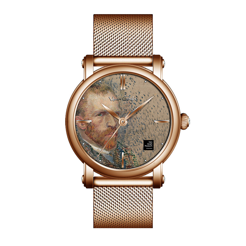 梵高VanGogh瑞士手表男表典藏系列立体油画时尚休闲腕表 原装进口 牛皮表带潮牌博物馆授权 金色自画像  玫瑰金  