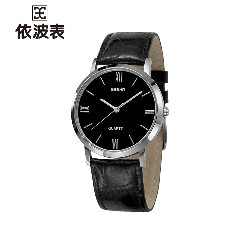 依波（EBOHR）防水手表简约休闲石英皮表带时尚男女对表 黑盘女表 00830246  银壳黑面黑色皮带  