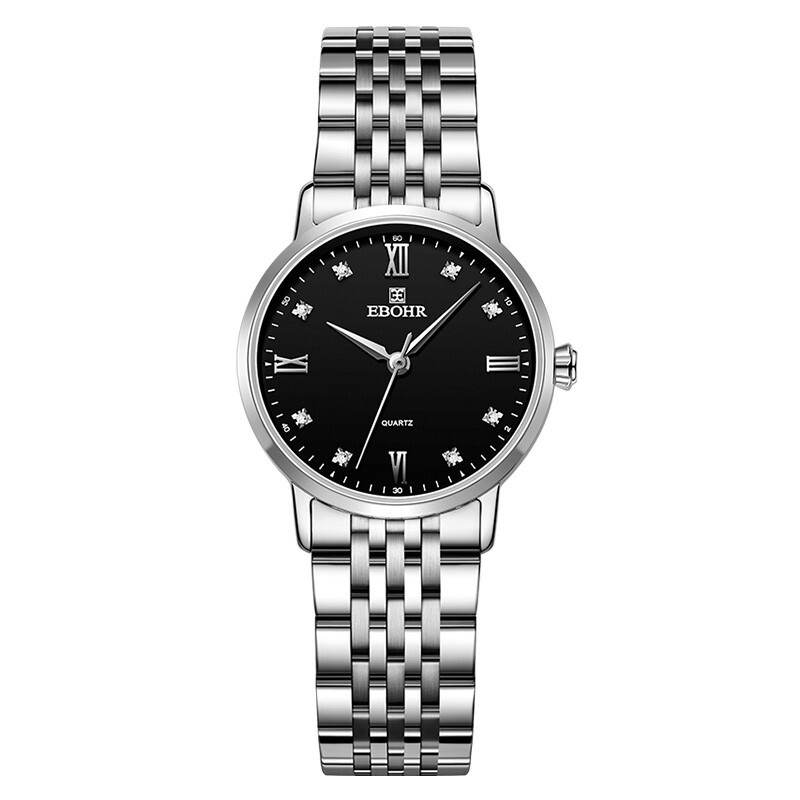 依波表 钢带石英手表男女情侣表时代元素系列白面 女表黑盘 50290321  银壳黑面钢带  