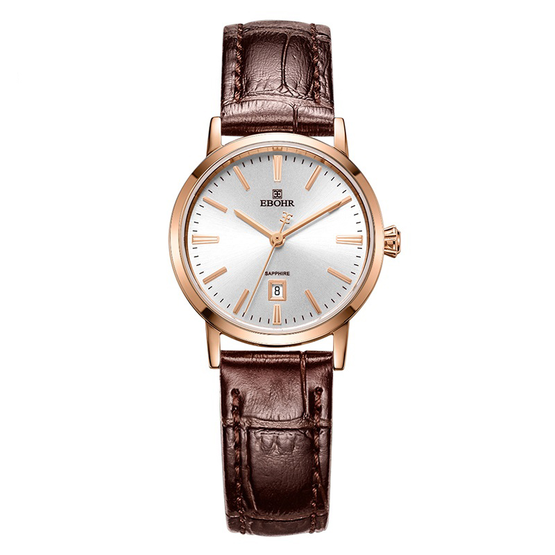 【专柜高品质】依波(EBOHR)专柜同款情侣石英手表男女棕色皮带日历腕表 皮表带女表 10890349  玫壳白面棕色皮带  