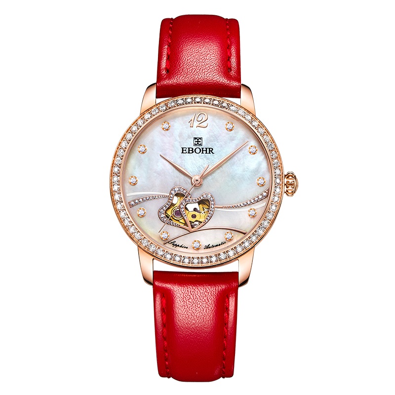 依波（EBOHR）翎羽镂空 透视自动机械 镶嵌锆石优雅皮带女表 热情红 51050344  玫壳白面红色皮带  