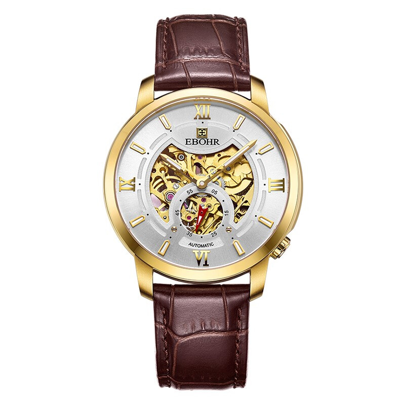 依波(EBOHR)经典时尚全镂空小秒盘自动机械皮带防水商务男表 36380138  金壳白面棕色皮带  